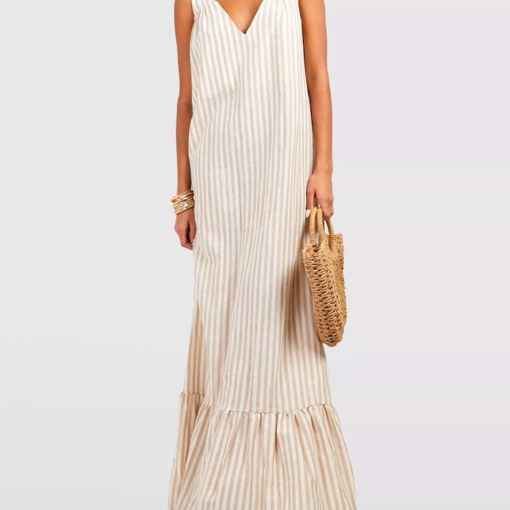 Boohoo Beige Striped Maxi Dress